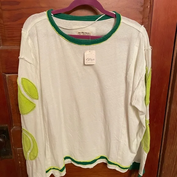 Free People Cream Sweater with Lime Green Tennis Ball Patch Details - Picture 4 of 9
